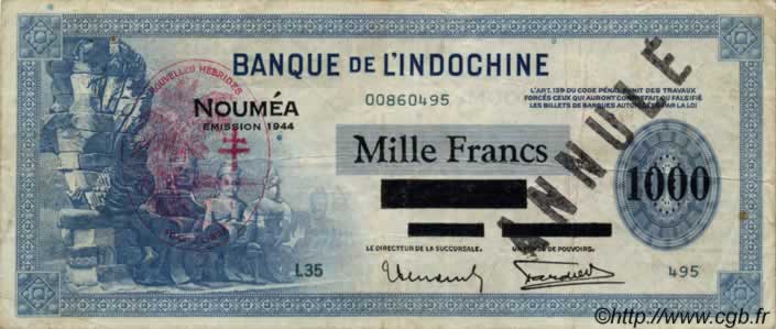 1000 Francs Annulé NUEVAS HÉBRIDAS  1945 P.13 BC+