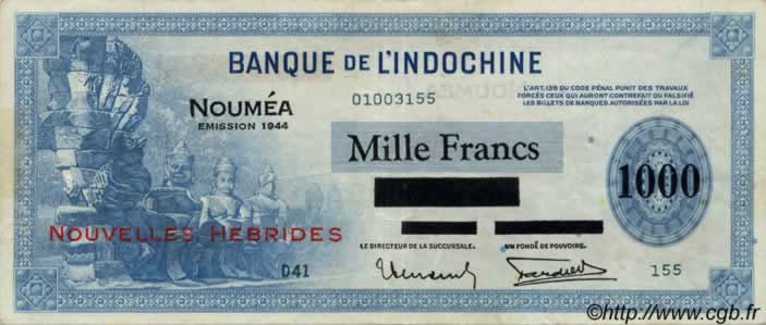 1000 Francs NUOVE EBRIDI  1944 P.14 q.SPL