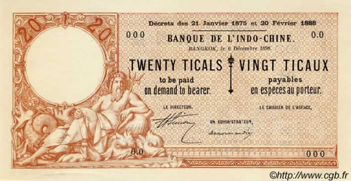 20 Ticaux Spécimen FRENCH INDOCHINA  1900 PS.102 AU
