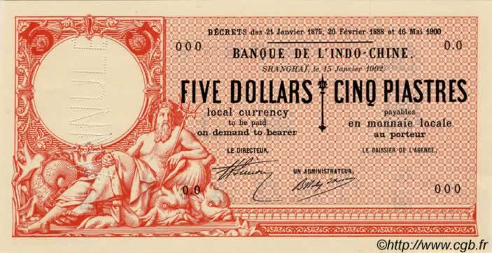 5 Dollars - 5 Piastres FRANZÖSISCHE-INDOCHINA  1902 PS.440 ST