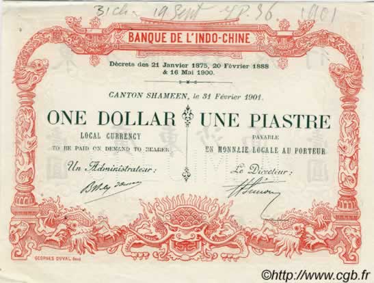 1 Dollar / 1 Piastre Spécimen FRENCH INDOCHINA  1901 PS.436 XF