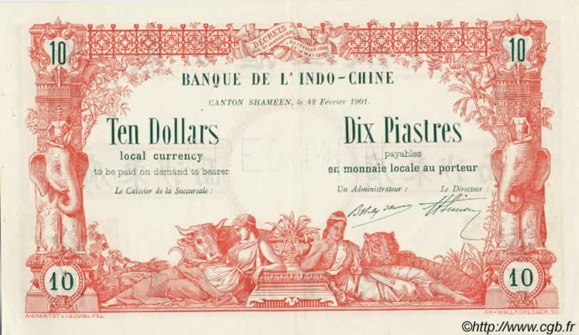 10 Dollars - 10 Piastres Spécimen FRANZÖSISCHE-INDOCHINA  1901 PS.438 VZ
