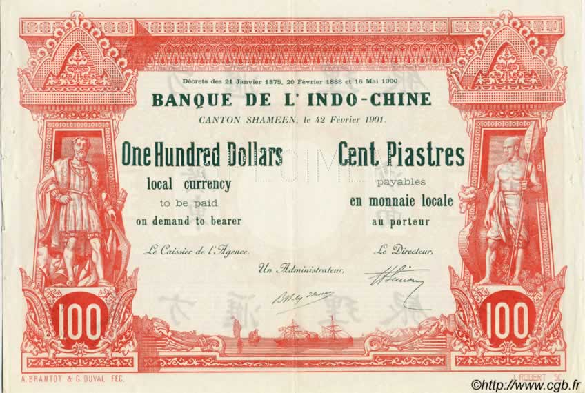 100 Dollars - 100 Piastres Spécimen FRANZÖSISCHE-INDOCHINA  1901 PS.439 VZ