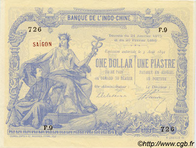 1 Dollar - 1 Piastre bleu FRANZÖSISCHE-INDOCHINA Saïgon 1891 P.024 fST