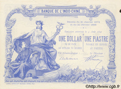 1 Dollar - 1 Piastre bleu Épreuve FRENCH INDOCHINA  1891 P.024 AU-