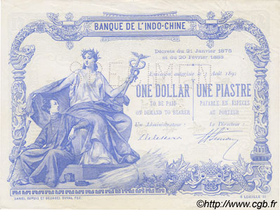 1 Dollar - 1 Piastre bleu INDOCINA FRANCESE  1891 P.024s AU