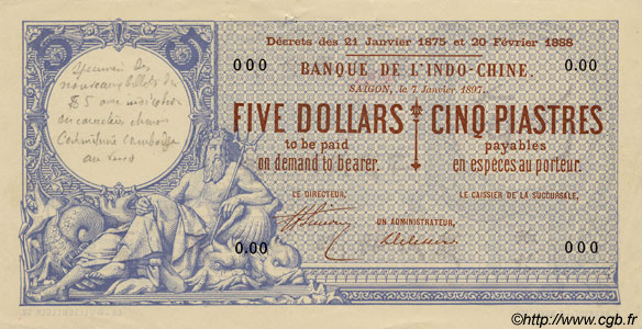 5 Dollars - 5 Piastres INDOCINA FRANCESE Saïgon 1897 P.028s q.AU