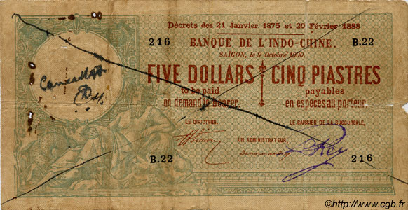 5 Dollars - 5 Piastres FRENCH INDOCHINA Saïgon 1900 P.029 var VG