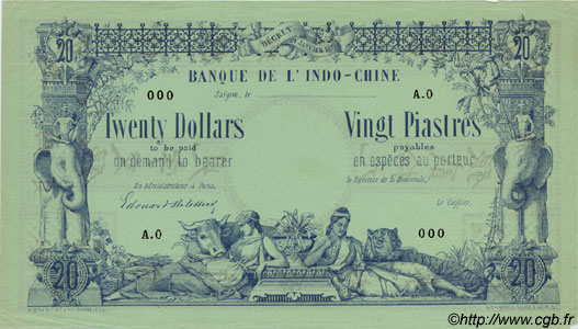 20 Dollars - 20 Piastres Spécimen FRENCH INDOCHINA Saïgon 1876 P.022s AU