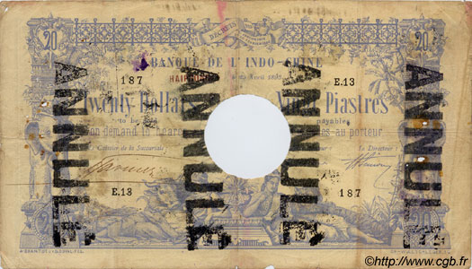 20 Dollars - 20 Piastres INDOCINA FRANCESE Haïphong 1893 P.003 B