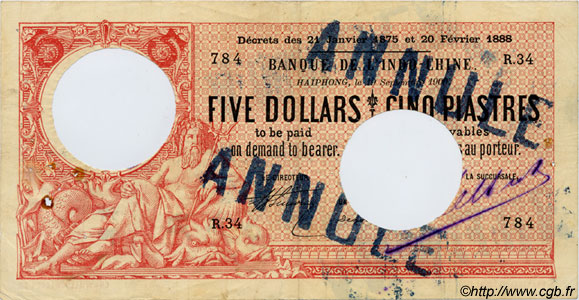 5 Dollars - 5 Piastres FRENCH INDOCHINA Haïphong 1900 P.008 G