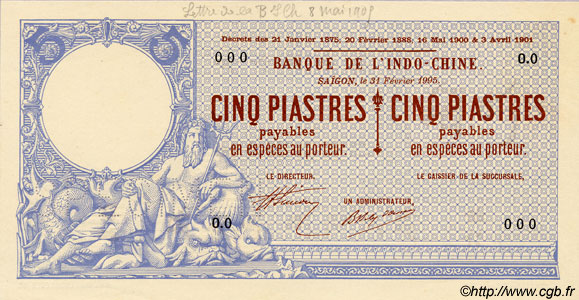 5 Piastres - 5 Piastres FRENCH INDOCHINA Saïgon 1905 P.035s UNC