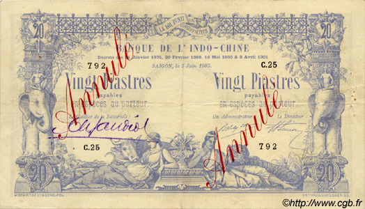 20 Piastres - 20 Piastres Annulé FRENCH INDOCHINA Saïgon 1905 P.036 VF+