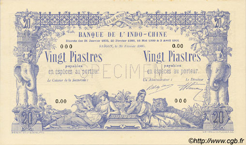 20 Piastres - 20 Piastres INDOCINA FRANCESE Saïgon 1905 P.036s FDC