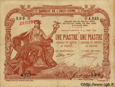 1 Piastre - 1 Piastre INDOCHINA Saïgon 1909 P.034b BC+