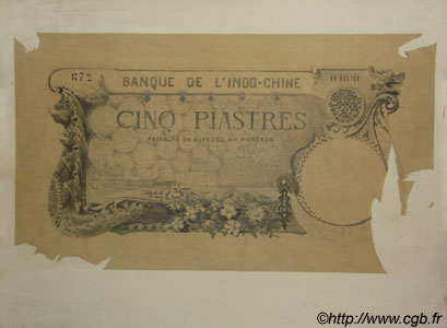 5 Piastres FRENCH INDOCHINA  1904 P.000 VF