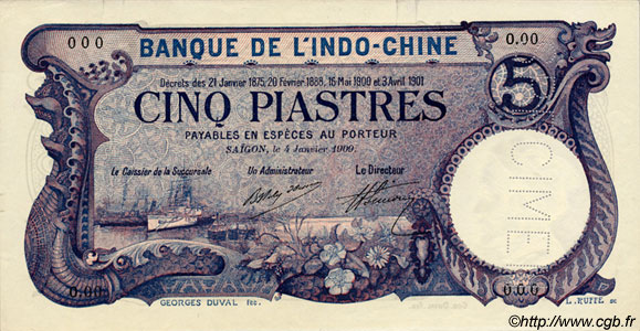 5 Piastres FRENCH INDOCHINA Saïgon 1909 P.037as UNC