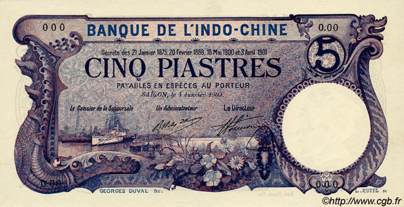 5 Piastres INDOCHINE FRANÇAISE Saïgon 1909 P.037as NEUF