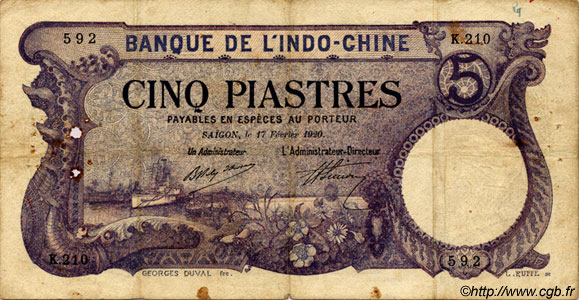 5 Piastres FRENCH INDOCHINA Saïgon 1920 P.040 F