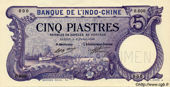 5 Piastres INDOCHINA Saïgon 1920 P.040s SC+