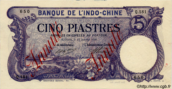 5 Piastres FRANZÖSISCHE-INDOCHINA Saïgon 1920 P.040 fST