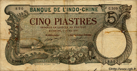 5 Piastres INDOCINA FRANCESE Haïphong 1920 P.019 q.MB