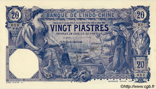 20 Piastres INDOCINA FRANCESE Saïgon 1909 P.038as q.FDC