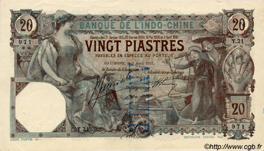 20 Piastres FRANZÖSISCHE-INDOCHINA Haïphong 1917 P.017b VZ+