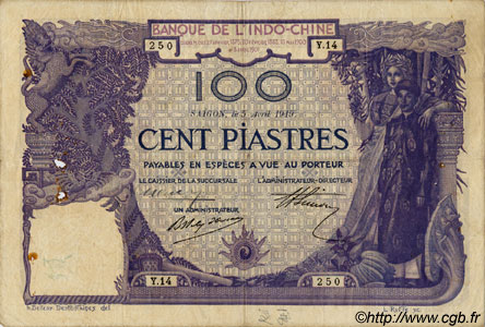 100 Piastres INDOCINA FRANCESE Saïgon 1919 P.039 q.BB