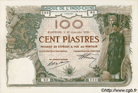 100 Piastres INDOCINA FRANCESE Haïphong 1910 P.018s FDC
