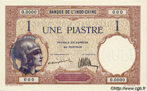 1 Piastre Spécimen INDOCINA FRANCESE  1923 P.048as q.FDC