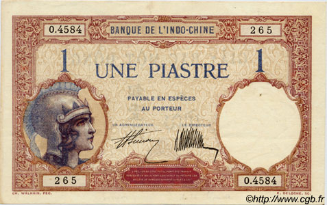 1 Piastre FRANZÖSISCHE-INDOCHINA  1927 P.048b VZ