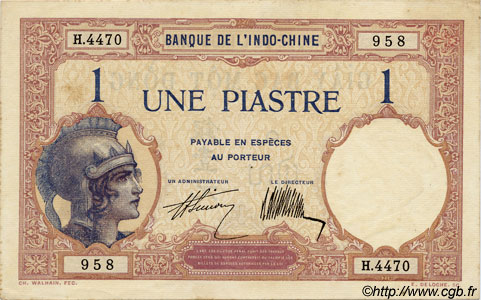 1 Piastre FRENCH INDOCHINA  1927 P.048b XF+