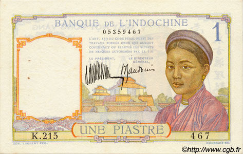 1 Piastre FRENCH INDOCHINA  1932 P.052 XF