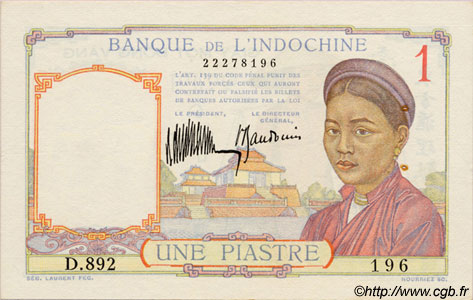 1 Piastre INDOCINA FRANCESE  1933 P.054a SPL