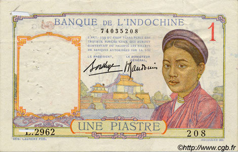 1 Piastre INDOCINA FRANCESE  1936 P.054b q.BB