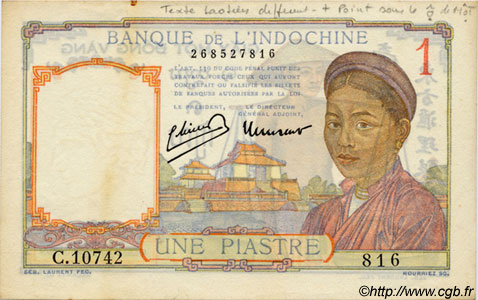 1 Piastre FRENCH INDOCHINA  1945 P.054d VF+