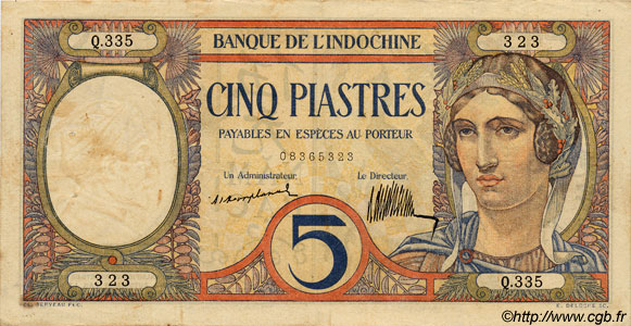 5 Piastres FRENCH INDOCHINA  1923 P.049a VF