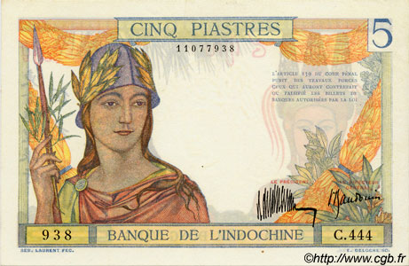 5 Piastres INDOCINA FRANCESE  1932 P.055a q.FDC
