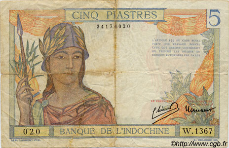 5 Piastres FRENCH INDOCHINA  1946 P.055c VG