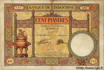 100 Piastres FRENCH INDOCHINA  1927 P.051b F