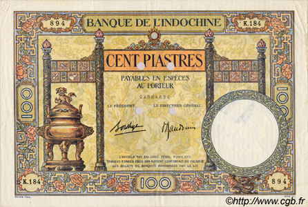 100 Piastres Spécimen INDOCHINA  1936 P.051ds MBC+