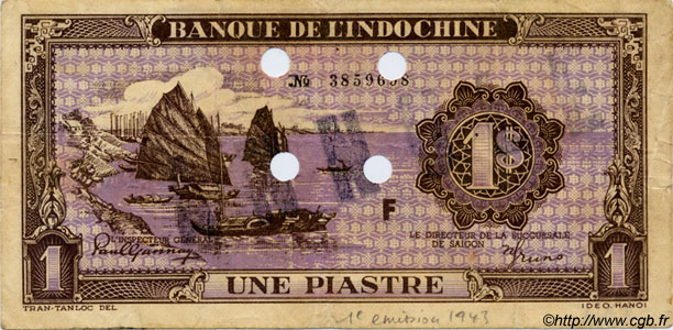 1 Piastre violet Spécimen FRENCH INDOCHINA  1943 P.060s VF