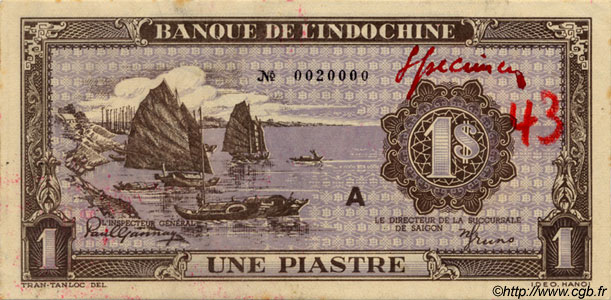 1 Piastre violet FRENCH INDOCHINA  1943 P.060s AU