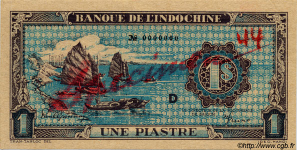 1 Piastre bleu INDOCINA FRANCESE  1944 P.059as FDC