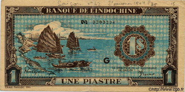 1 Piastre bleu FRENCH INDOCHINA  1944 P.059a VF+