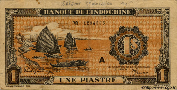 1 Piastre orange INDOCINA FRANCESE  1945 P.058 var q.BB