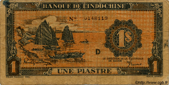1 Piastre orange INDOCINA FRANCESE  1945 P.058 var B