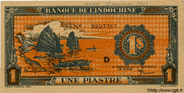 1 Piastre orange FRENCH INDOCHINA  1945 P.058 var AU
