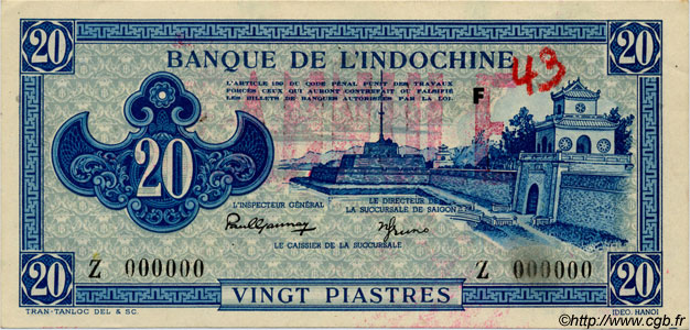20 Piastres bleu INDOCINA FRANCESE  1943 P.065s AU